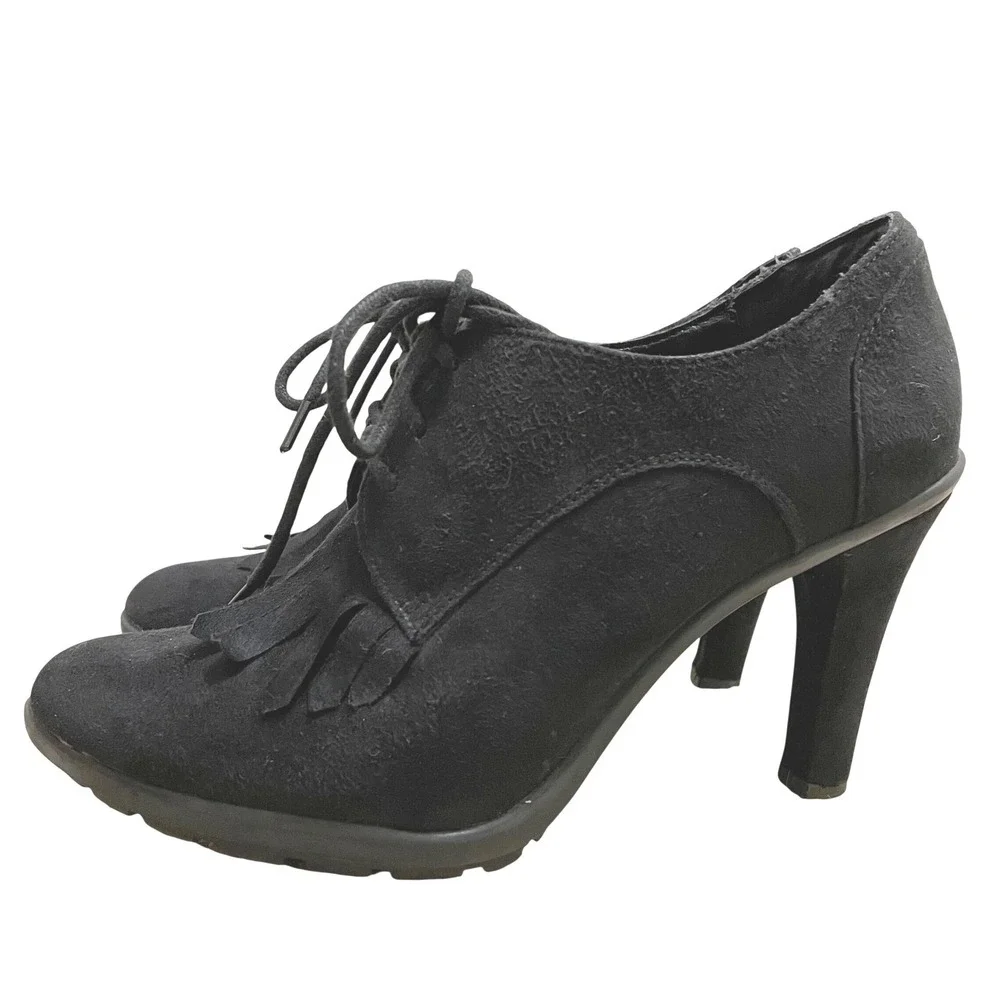 Tahari Temple‎ Booties Black Faux Suede Lace Up Fringe High Heel Shoes Size 7